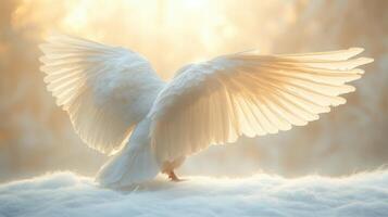 White dove, wings spread, sunrise, snow, peace photo