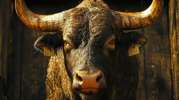 Angry bull portrait, farm background, livestock photo