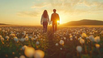 A man and woman walking in a field at sunset photo