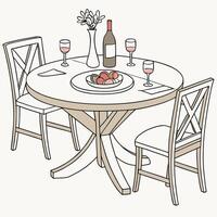 a drawing of a dining table with two chairs vector