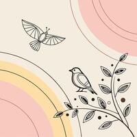 a bird and a tree branch with leaves and a bird flying above it vector