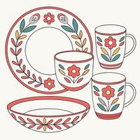 a set of plates and cups with flowers vector