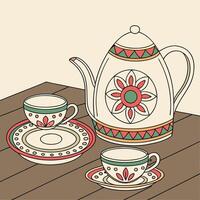 a drawing of a teapot and cups on a table vector