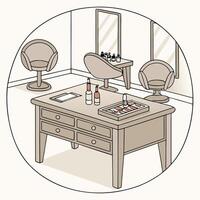 a drawing of a room with a desk, chairs, and a wine bottle vector