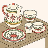 a drawing of a table with a tea pot, cups and saucers vector