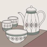 a drawing of a teapot and bowl on a table vector
