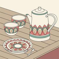 a drawing of a table with a teapot and cups vector