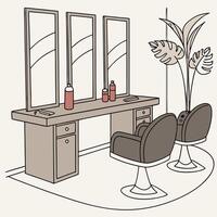 a drawing of a salon with two chairs and a mirror vector
