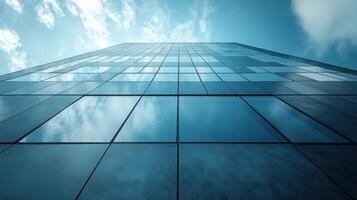 Modern skyscraper, city skyline, blue glass, clouds, architectural design, business photo