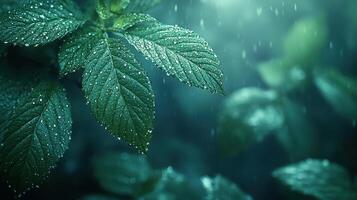 Raindrops on green leaves photo