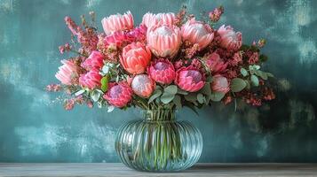 A vase filled with pink flowers sitting on a table photo