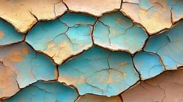 A close up of a cracked wall with blue and brown paint photo