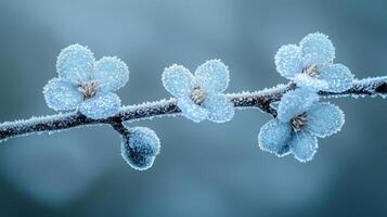 Frozen blossoms branch, winter, nature, frost, macro photo