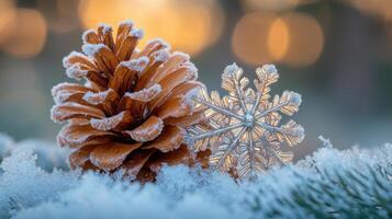 Frosty pine cone and snowflake on snow, bokeh background, winter holiday card photo