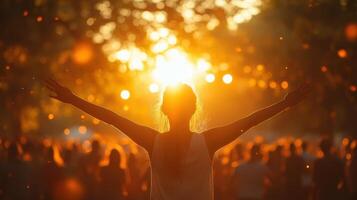 Woman enjoys sunset at outdoor concert photo