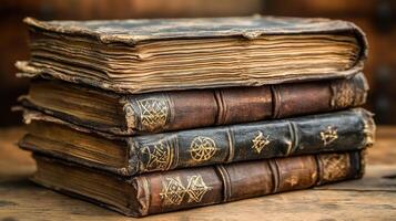 Antique books stacked on wooden table, library background, history research photo