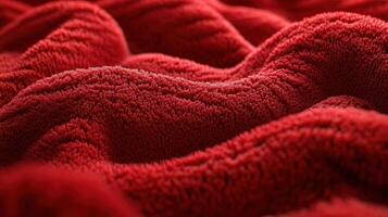 Red plush fabric texture background, close-up photo