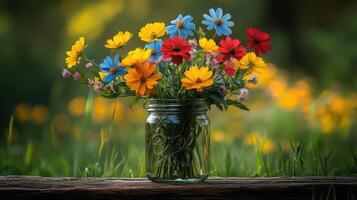 Colorful wildflowers in mason jar, garden background, nature photography, greeting card photo