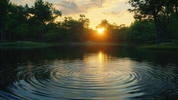 A rippling pond at sunset with a tree in the background photo
