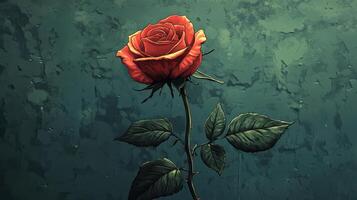 Single red rose against textured wall, romantic, greeting card photo