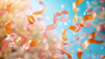 Festive ribbons falling, sunny background, celebration photo