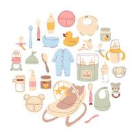 Newborn accessories and supplies, round composition, circle shape. Flat hand drawn illustration. Baby pacifier, sleepsuit, rattle toy, bath duck, fruit puree for complementary feeding, nibbler vector