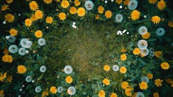 Dandelions surround green grass, aerial view, springtime meadow photo