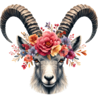 A detailed illustration of a goat head with large horns adorned with a colorful flower crown art png