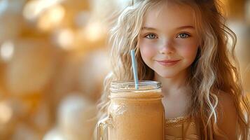 A young girl holds a cold smoothie in a can with a straw, a cooling drink in the summertime photo