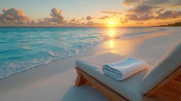 Sun lounger chair with folded towel on cushion overlooking pristine beach photo