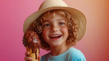 Happy boy in a summer hat holding a chocolate ice cream cone in one hand, bright background photo
