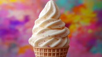 Perfectly swirled soft-serve vanilla ice cream in a waffle cone on a bright, colorful background photo