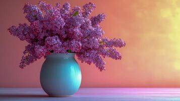 A bouquet of lilac flowers stands in a ceramic white vase on a bright summer background photo