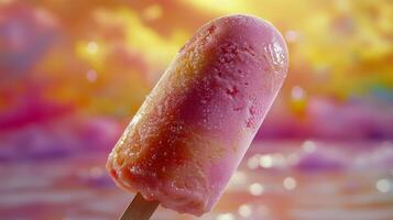 Ice cream sorbet is delicious and refreshing on a wooden stick on a bright colorful background photo