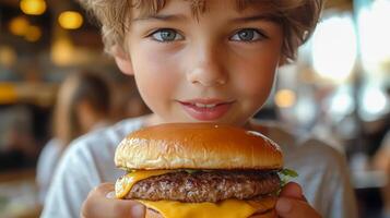 Close-up of a boy holding a cheeseburger before taking a bite, the ingredients of the burger, enjoying the food photo