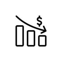 Bar graph with a downward trend and dollar icon, representing financial loss, economic downturn, or decrease in profit. Isolated on white background vector