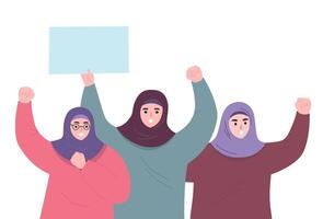 Active Muslim women in hijabs express their protest for rights. flat graphics. vector