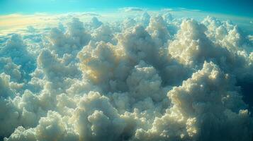 White fluffy soft clouds clustered in the sky on a summer afternoon, sunlight breaking through the clouds photo