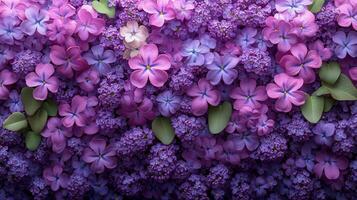 A charming wall of lilac blossoms densely studded with various shades of purple and lavender form a gorgeous floral backdrop photo