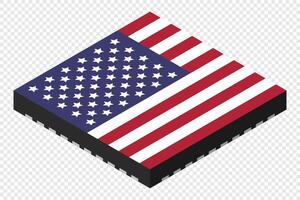 Microchip computer electronic component with USA flag. Microchip icon. Isometric microchip, Computer processor technology. Microprocessor, vector