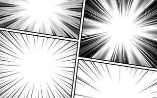 Comic speed lines, explosion pattern with dynamic motion lines. Black and white panels and empty comic book frames. vector