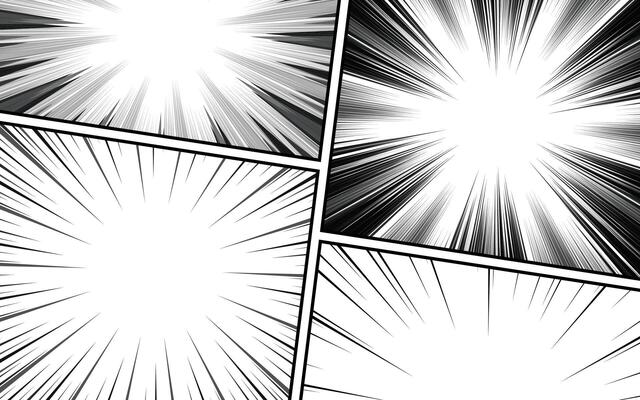 Comic speed lines, explosion pattern with dynamic motion lines. Black and white panels and empty comic book frames.