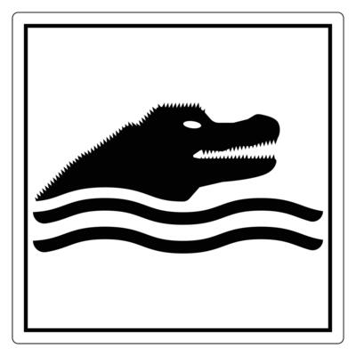 Black silhouette of crocodile head emerging from water waves in a minimalist design with a square border