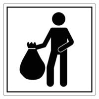 Black silhouette of a person holding a trash bag in a square sign, representing waste management and cleanliness vector