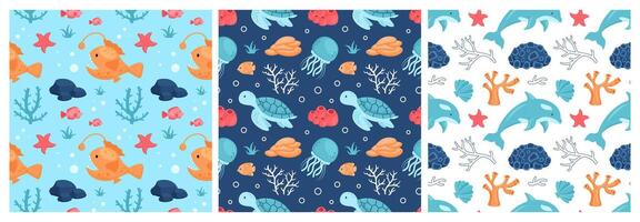 Flat Design Seamless Pattern of Ocean Creatures and Decorative Element vector