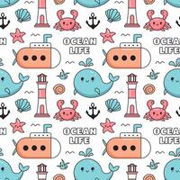 Colorful Ocean Seamless Pattern Design in Flat and Playful Cartoon Style vector