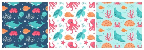 Playful Ocean Pattern Seamlessly Designed with Flat Marine Items vector