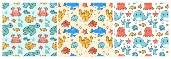 Under the Sea Seamless Pattern Featuring Flat Style Ocean Icons vector