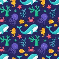 Whimsical Ocean Seamless Pattern Design with Marine Icons in Flat Style vector