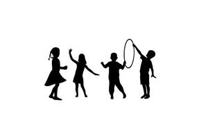 Children playing with a hoop, jumping and dancing in a fun silhouette design, ideal for energetic outdoor activities vector